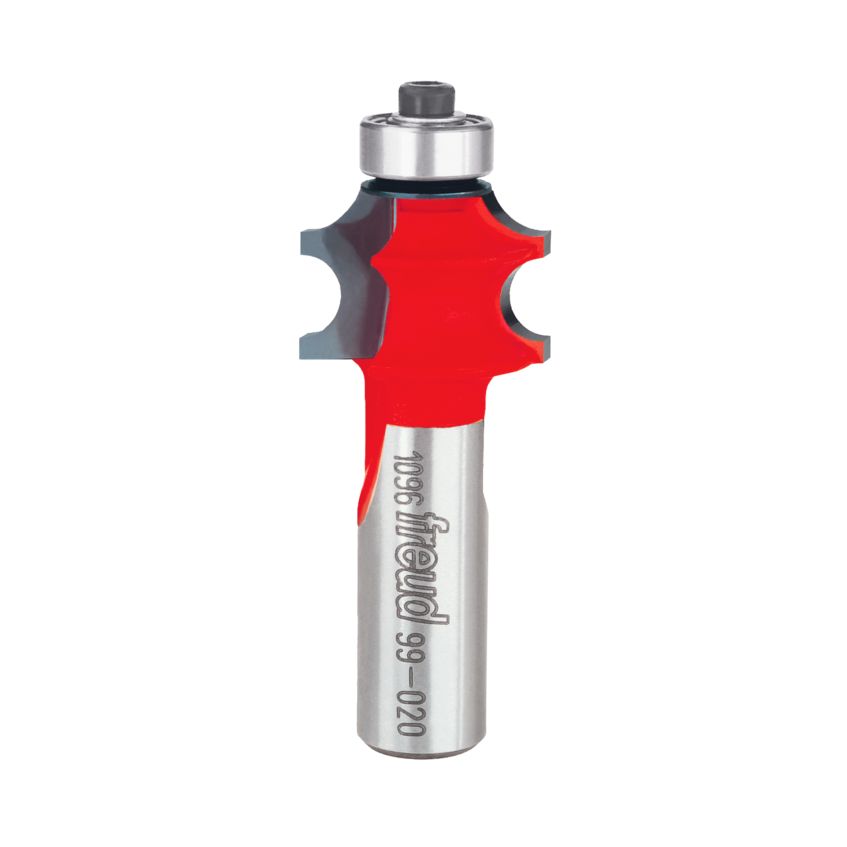 Freud corner beading router bit with red cutting head and silver shank, featuring rounded edges for decorative profiles.