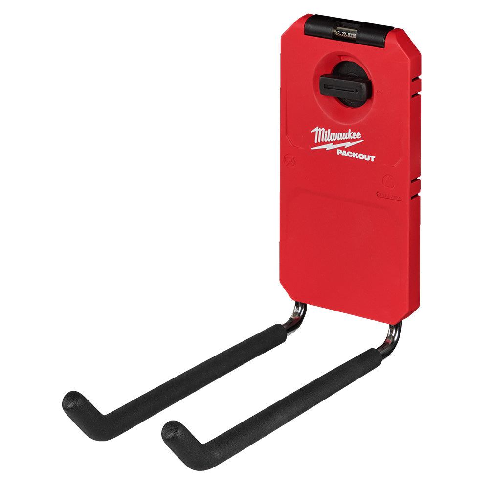 Red PACKOUT hook with two black curved arms extending downward for hanging tools or equipment.