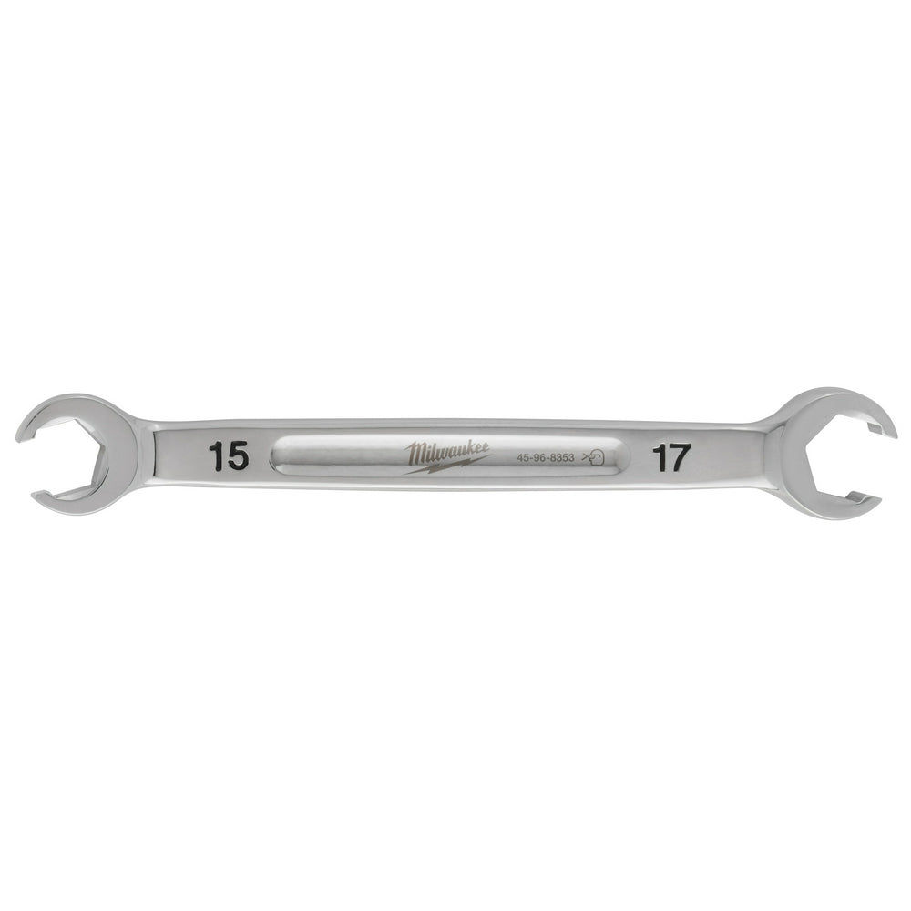 Metal double-end flare nut wrench with 15mm and 17mm openings, model number 45-96-8353.