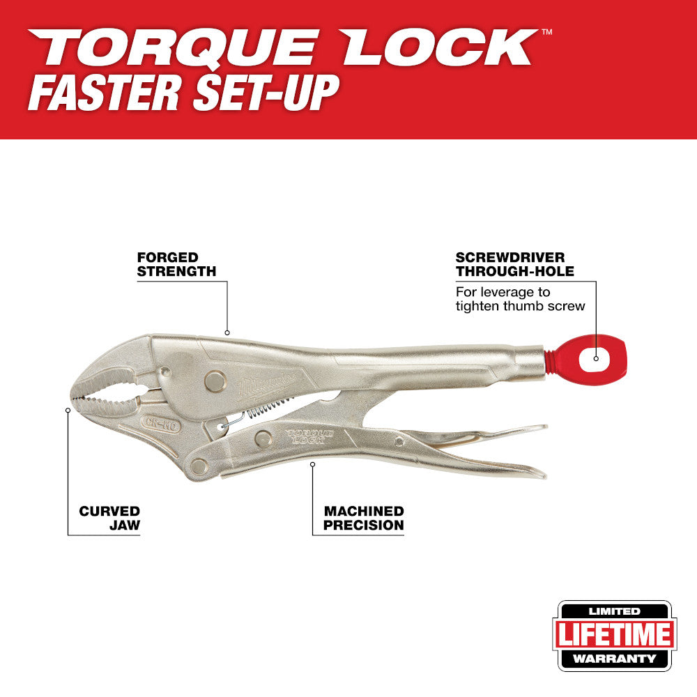 Silver 10-inch curved jaw locking pliers with red thumb screw handle and labeled features including forged strength and machi