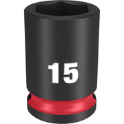 Black and red 15mm socket with 6-point hexagonal opening and 3/8" drive connection.