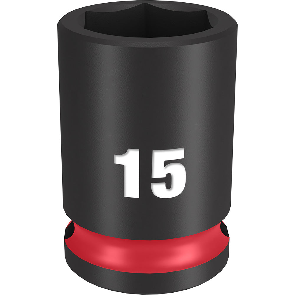 Black and red 15mm socket with 6-point hexagonal opening and 3/8" drive connection.