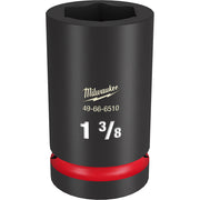 Black Milwaukee deep socket with hexagonal opening, red grip band at base, marked 1 3/8 inches.