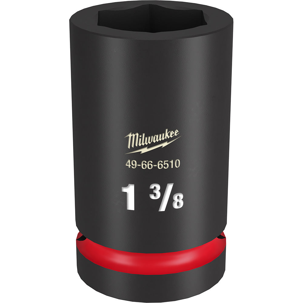 Black Milwaukee deep socket with hexagonal opening, red grip band at base, marked 1 3/8 inches.
