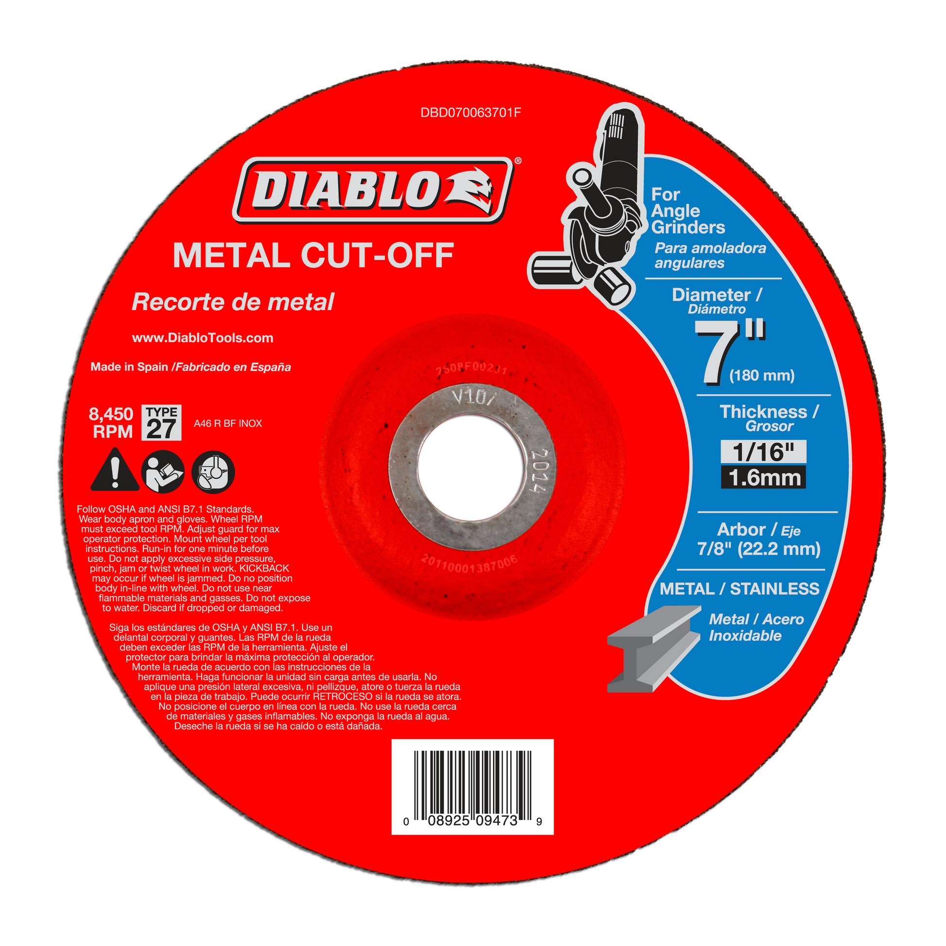 Red metal cut-off disc with white center hole, Type 27, 7 inch diameter, 1/16 inch thickness, for angle grinders.