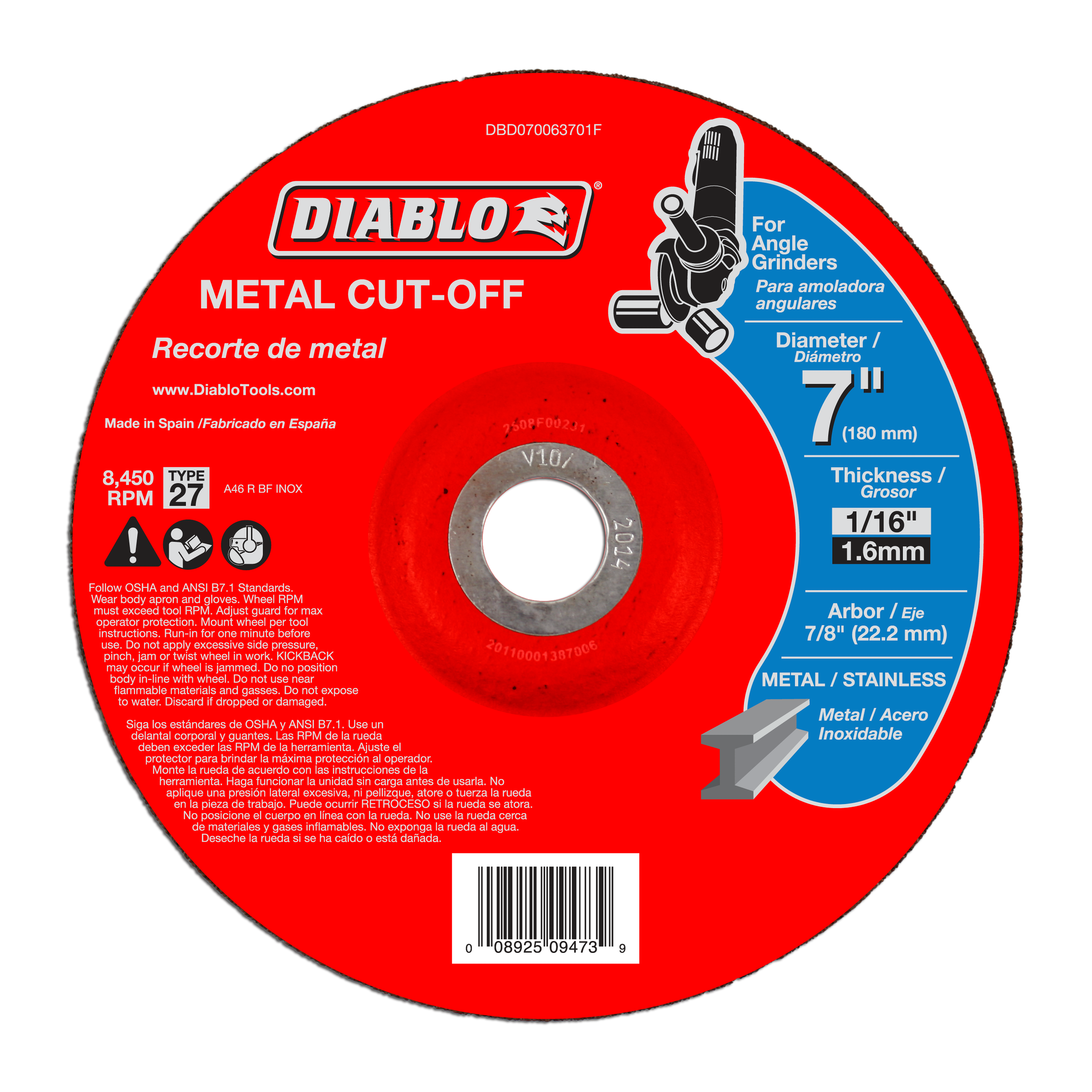 Red metal cut-off disc with white center hole, Type 27, 7 inch diameter, 1/16 inch thickness, for angle grinders.