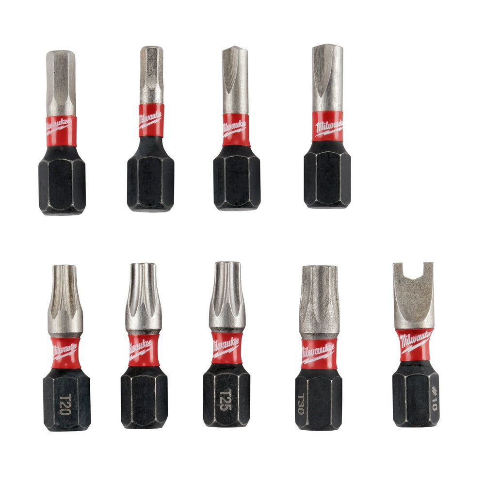 Nine Milwaukee Shockwave impact security bits with steel tips, red bands, and black hex shanks in various drive styles.