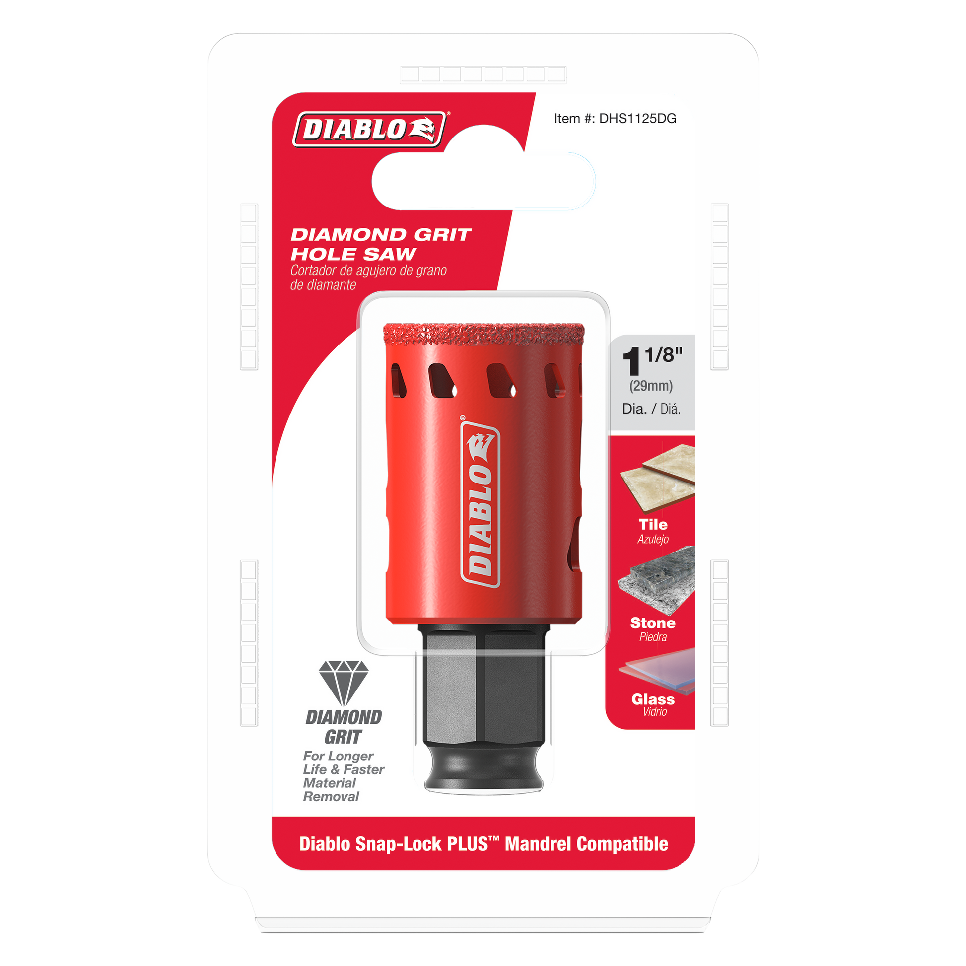 Red diamond grit hole saw, 1-1/8 inch diameter, with black mandrel attachment for tile, stone, and glass.