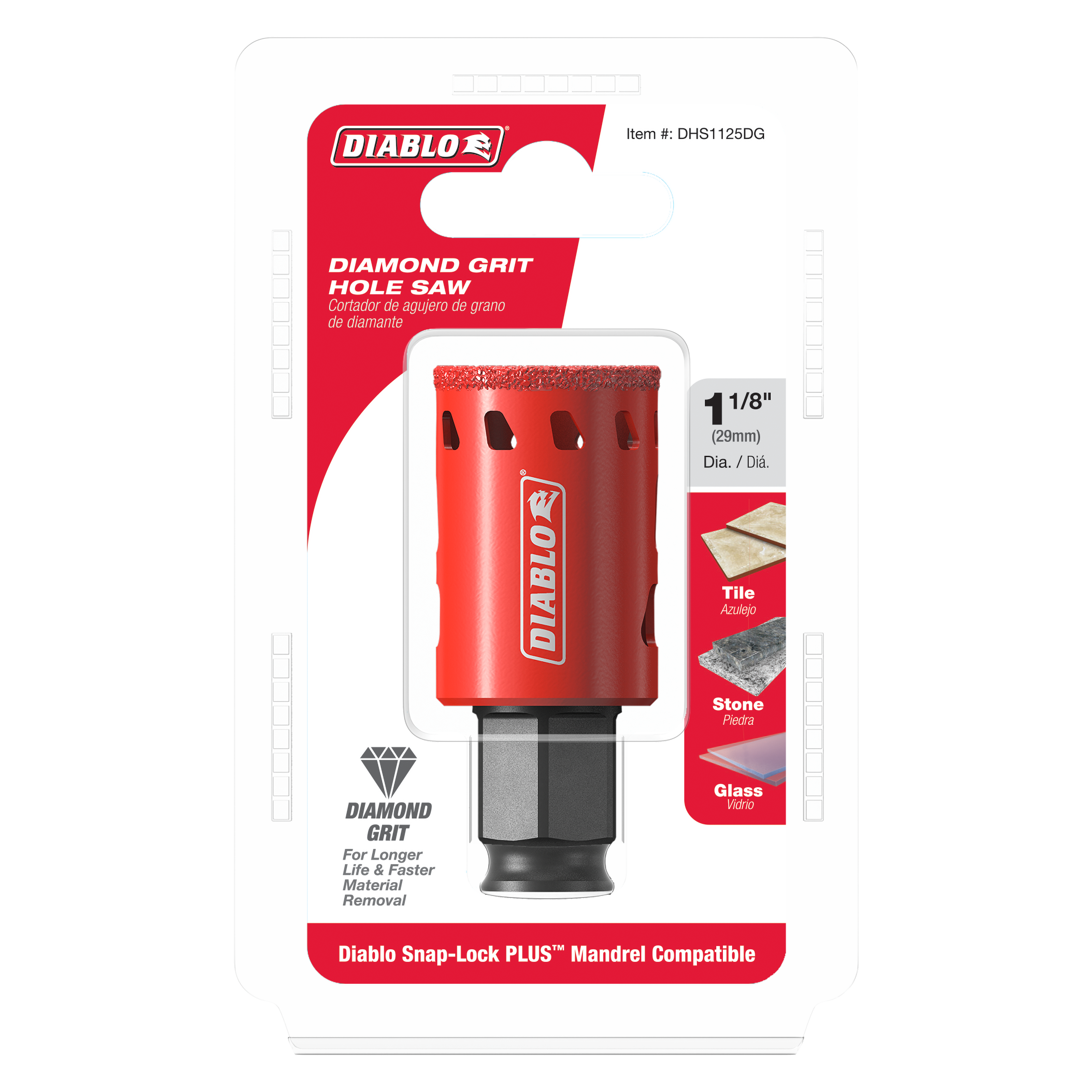 Red diamond grit hole saw, 1-1/8 inch diameter, with black mandrel attachment for tile, stone, and glass.