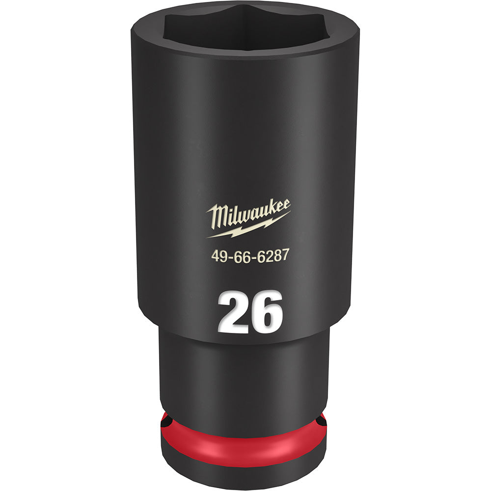 Black Milwaukee deep socket with hexagonal opening, red grip band at base, marked "26" and model number.