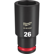 Black Milwaukee deep socket with hexagonal opening, red grip band at base, marked "26" and model number.