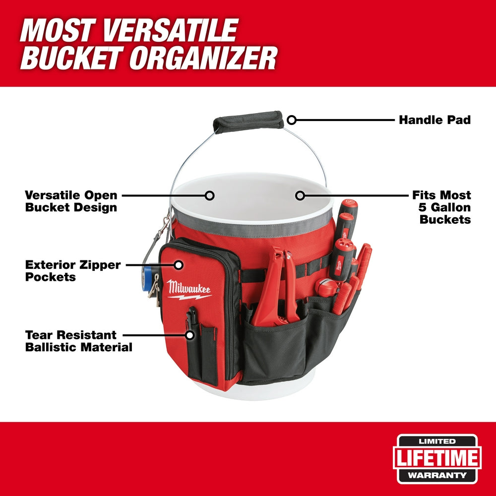 Red and black bucket organizer bag with padded handle, exterior zipper pockets, and tool slots, fits 5-gallon buckets.