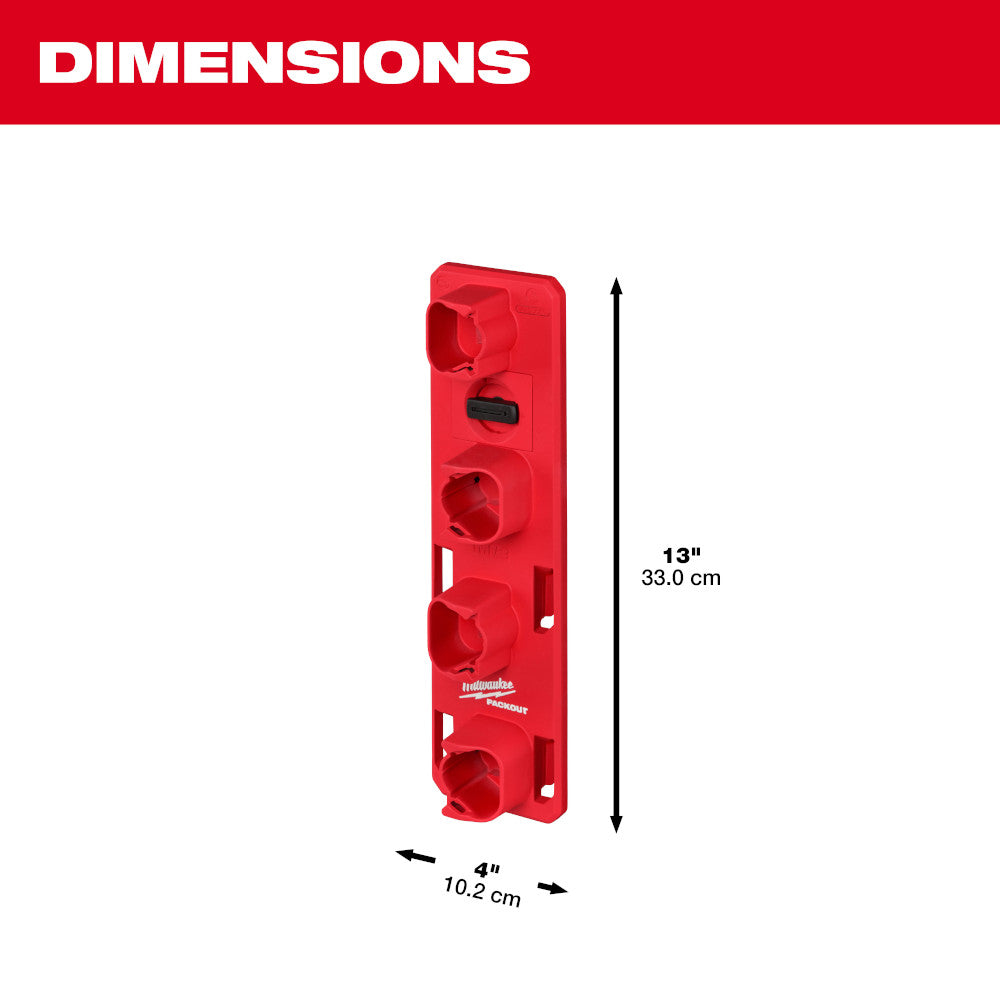 Red Milwaukee PACKOUT battery rack with four cylindrical battery slots and mounting holes, measuring 13 inches tall by 4 inch