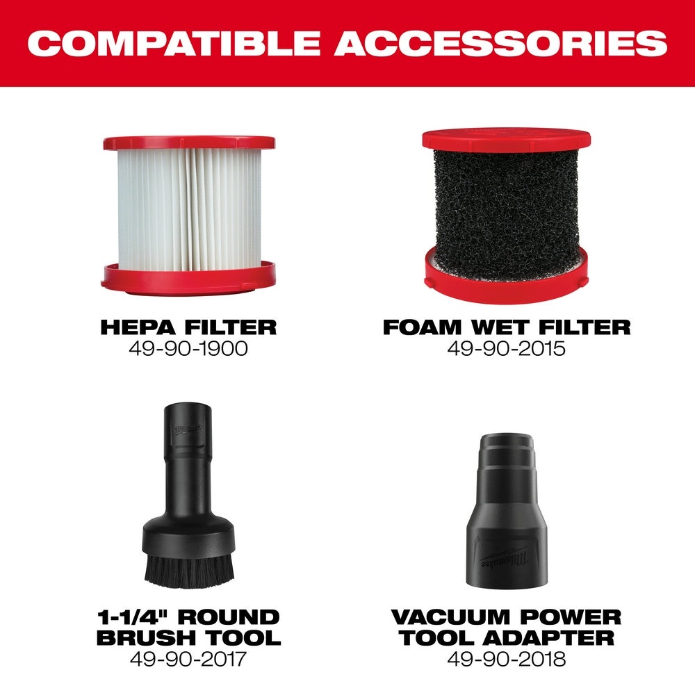 Four compatible accessories for Milwaukee M18 vacuum: pleated HEPA filter, black foam wet filter, round brush tool, and power