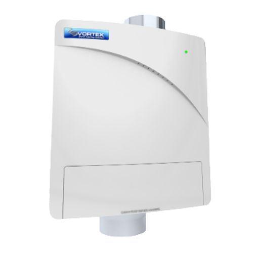 White Panasonic Vortex clothes dryer exhaust duct power ventilator with integrated pressure switch and lint trap.