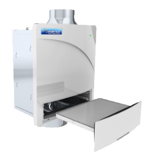 White Panasonic clothes dryer exhaust ventilator with metal duct connection and pull-out lint trap drawer.