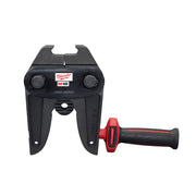 Milwaukee M18 ring jaw press tool with black head, two adjustment knobs, and red handle attachment on white background.
