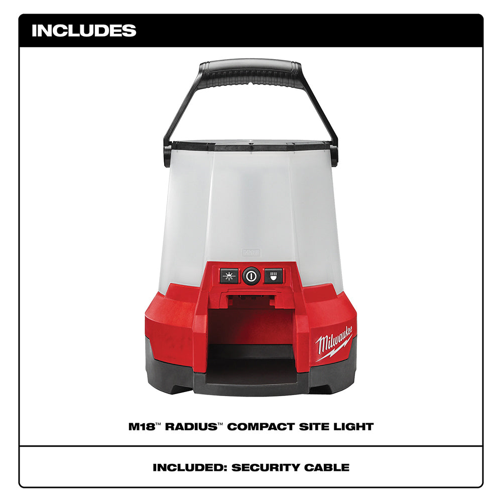 Red and black Milwaukee M18 RADIUS compact site light with frosted dome and control buttons on front.