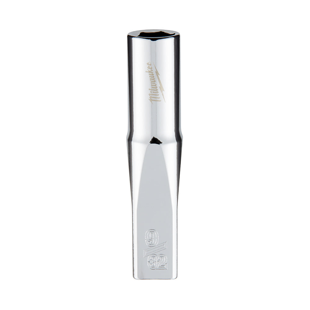 Chrome metal deep socket with 6-point hexagonal opening and Milwaukee branding on polished cylindrical body.