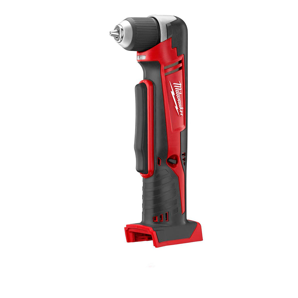 Milwaukee M18 cordless right angle drill with red and black body, chuck at top, and handle grip.