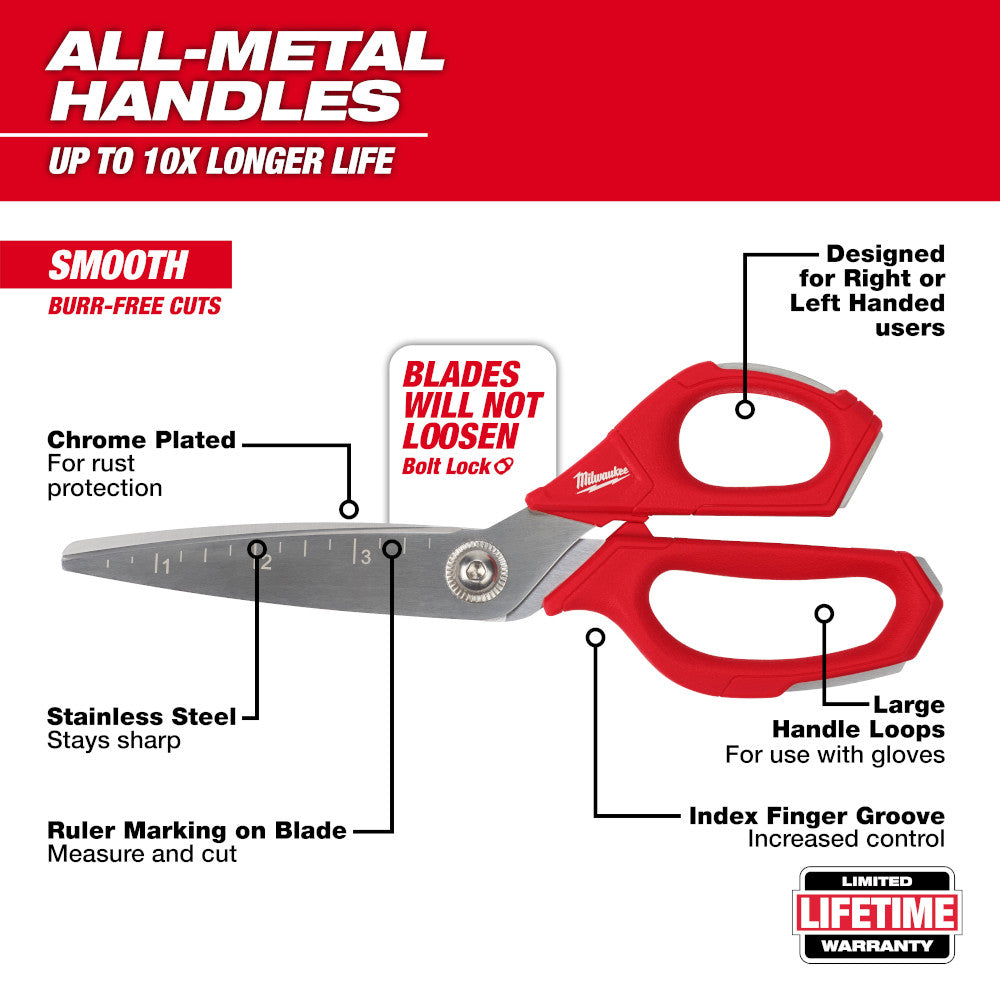 Milwaukee straight scissors with red all-metal handles, stainless steel blades, and ruler markings for cutting.