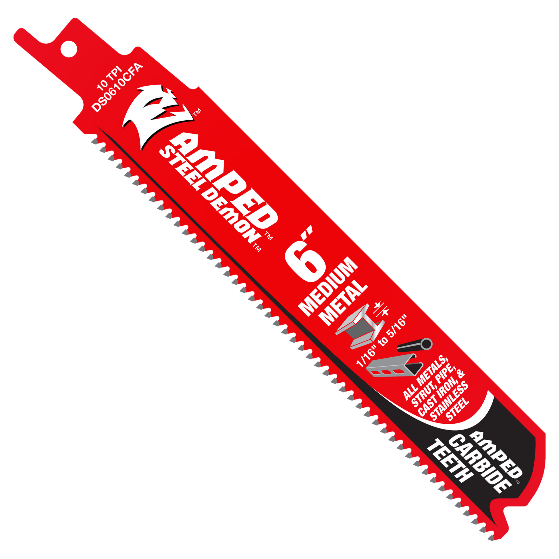 Red Diablo reciprocating saw blade with 10 TPI teeth, labeled for medium metal cutting, with mounting hole at top.