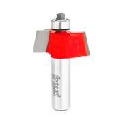 Silver and red router bit with 1-1/2" diameter red cutting head and bearing guide on cylindrical shaft.