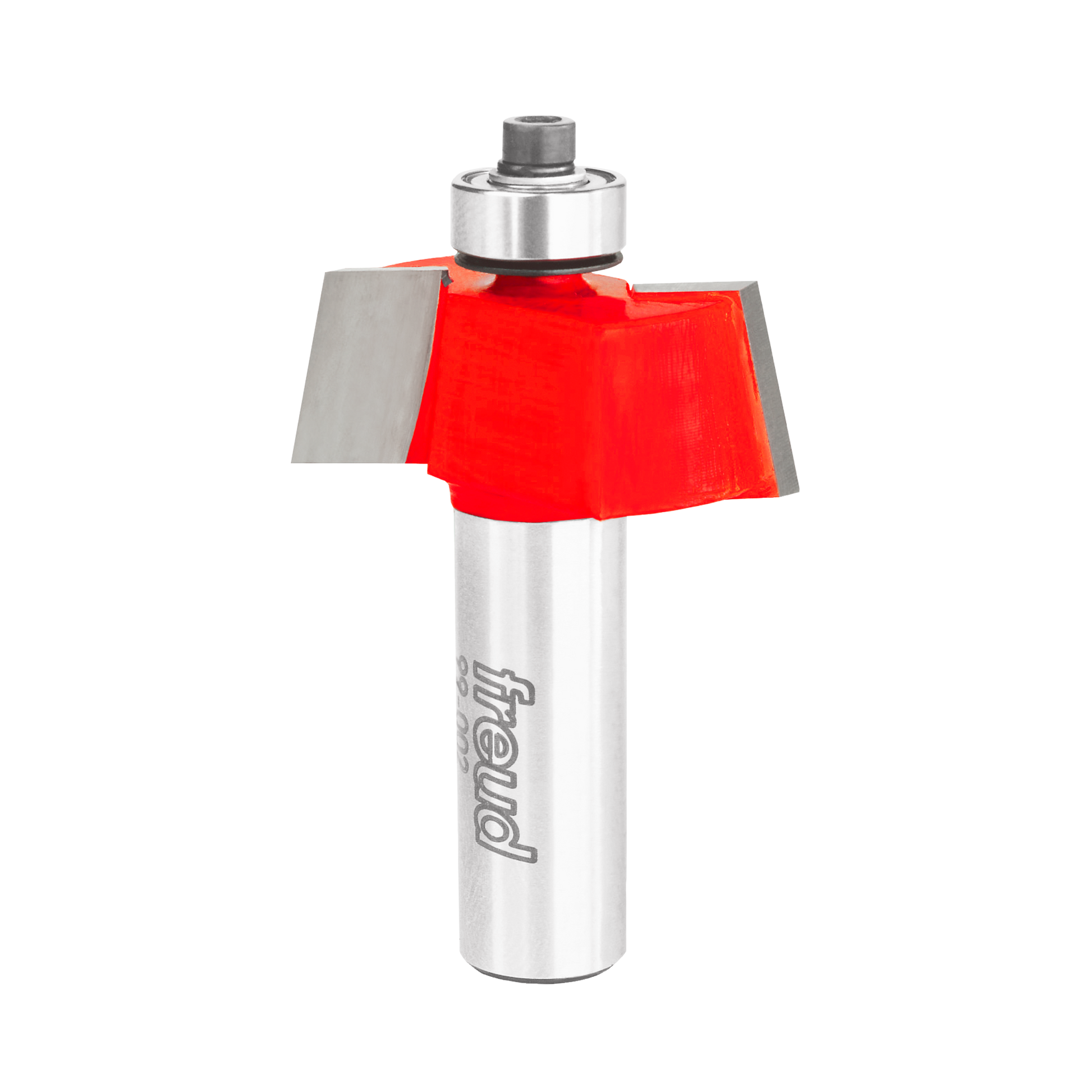 Silver and red router bit with 1-1/2" diameter red cutting head and bearing guide on cylindrical shaft.