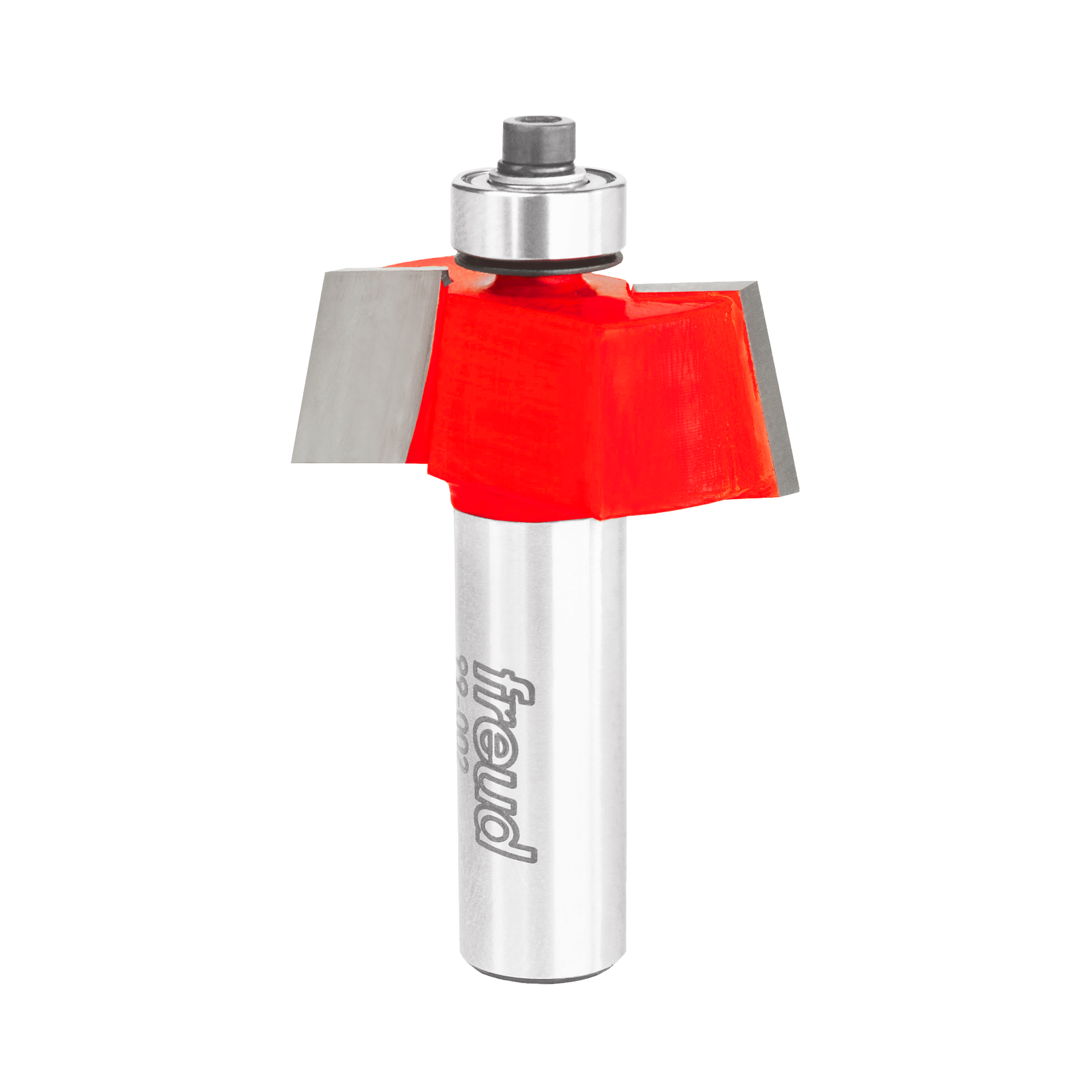 Silver and red router bit with 1-1/2" diameter red cutting head and bearing guide on cylindrical shaft.