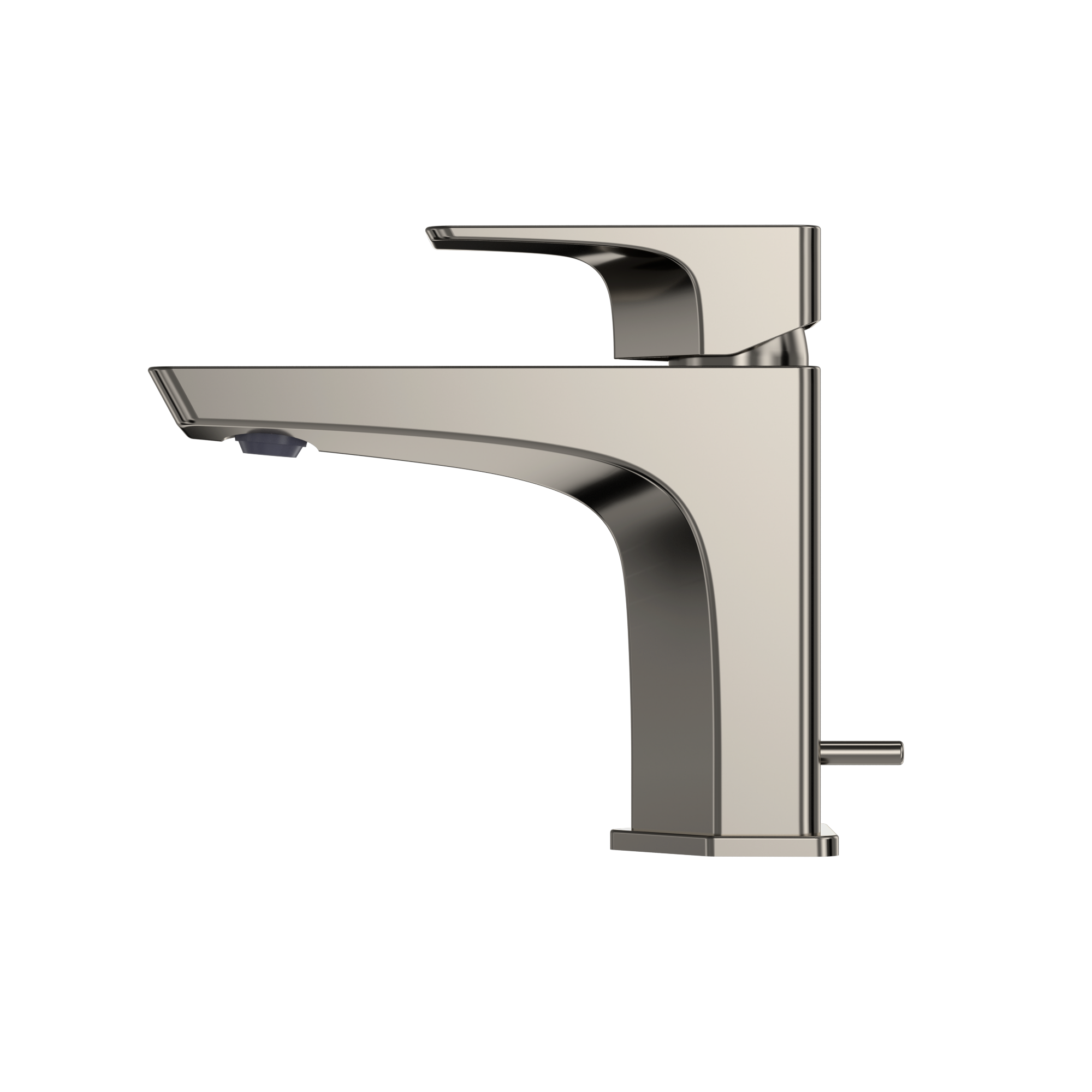 Polished nickel single-handle bathroom sink faucet with curved spout and side lever control.
