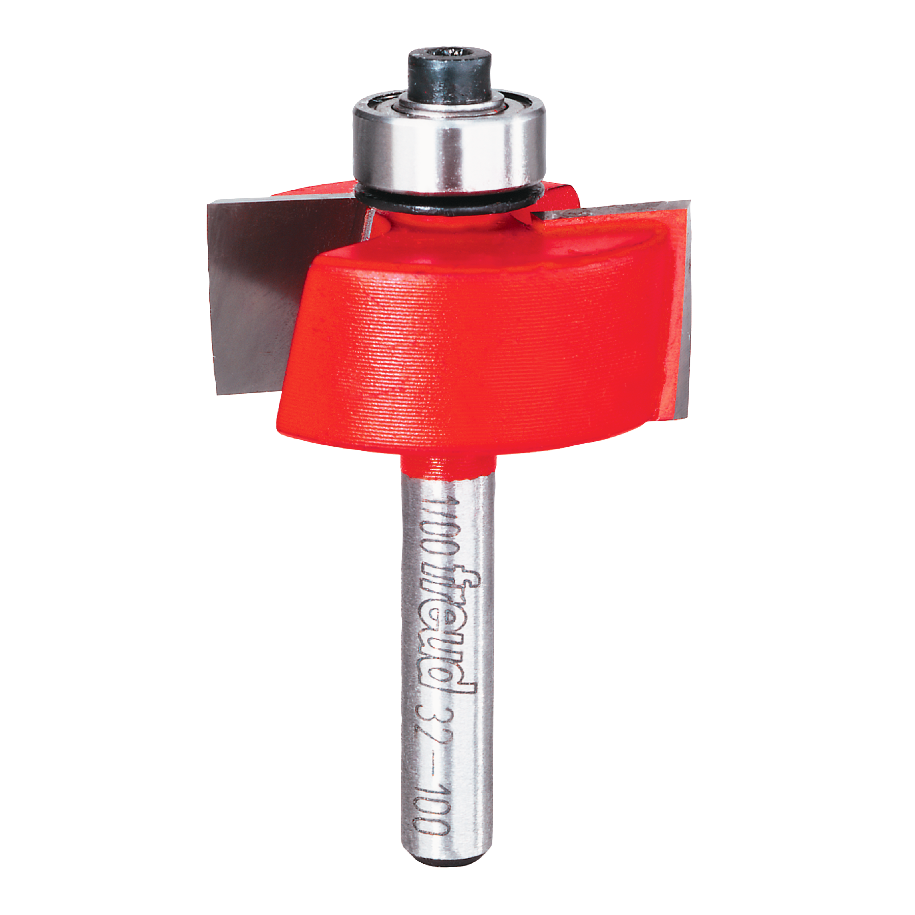 Metal rabbeting bit with red cutting head and silver shank marked with Freud branding.