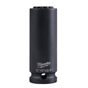 Black Milwaukee Shockwave socket with 9/16"x3/4" markings and square drive opening at base.