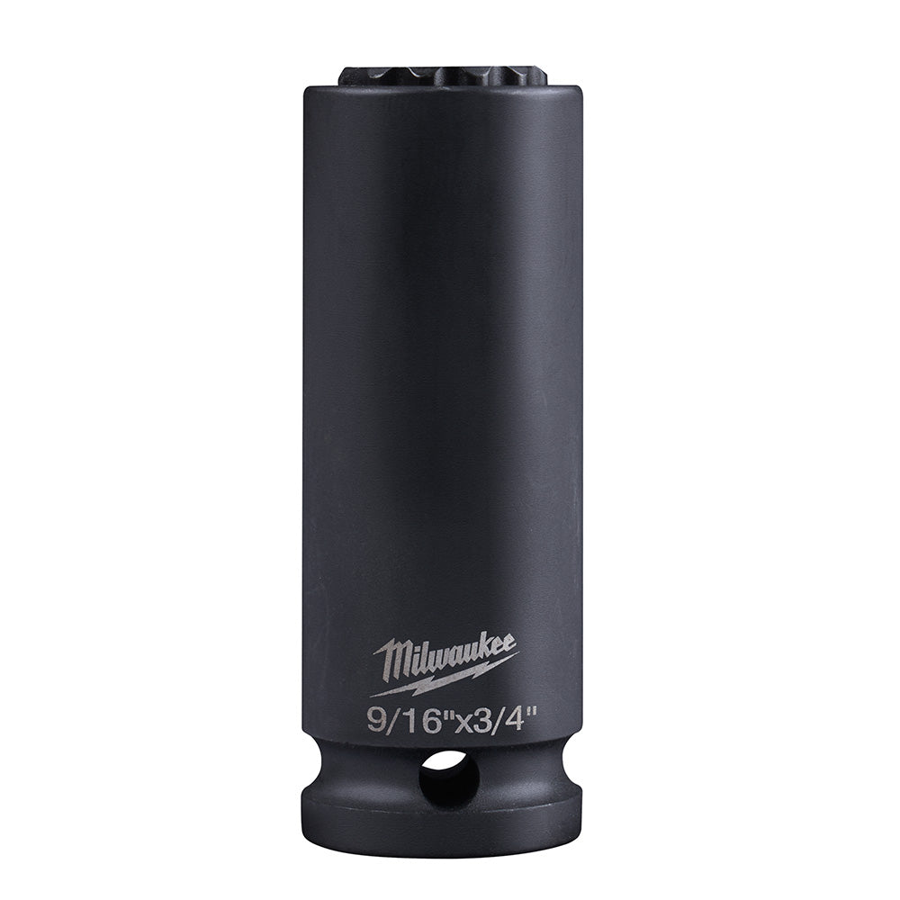 Black Milwaukee Shockwave socket with 9/16"x3/4" markings and square drive opening at base.