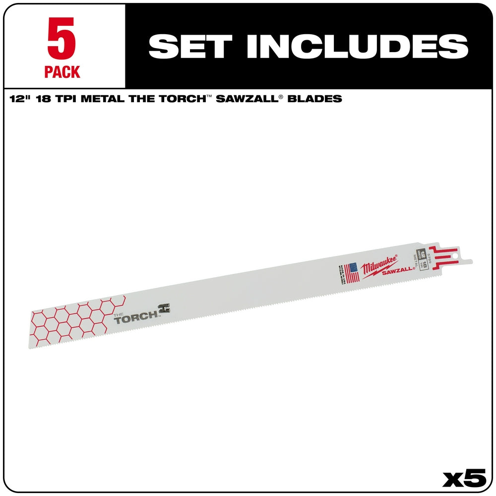 Five Milwaukee 12-inch SAWZALL blades with 18 TPI teeth and red hexagon pattern design on white backing.
