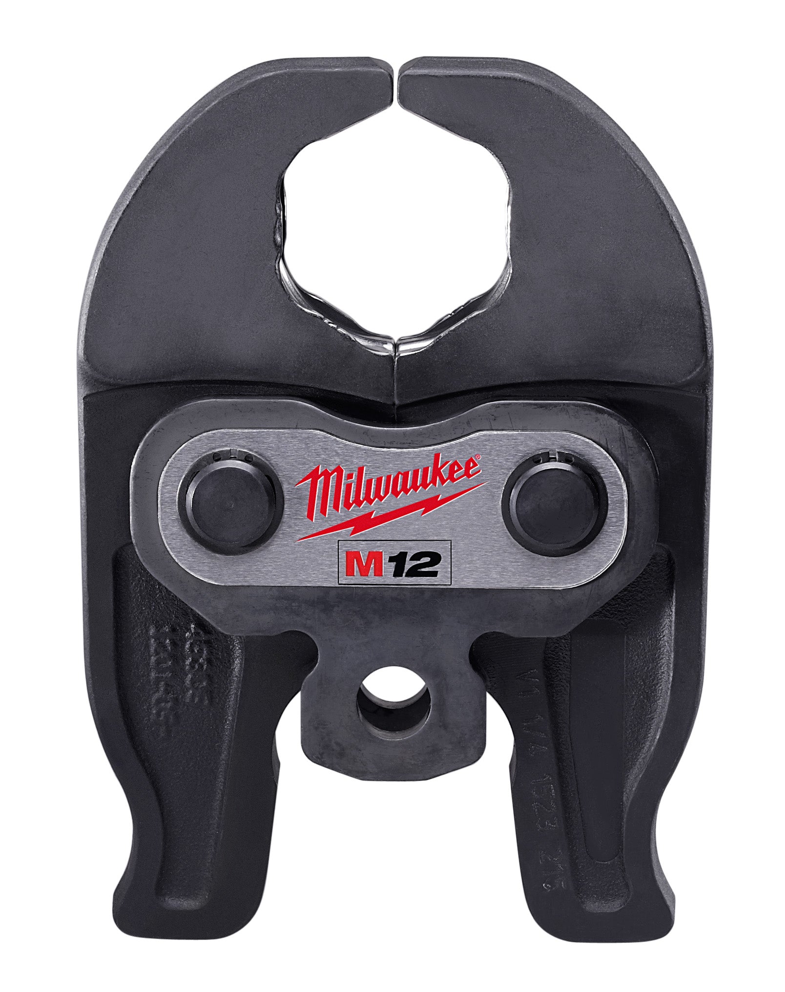 Black metal press jaw with two curved upper arms, central hexagonal opening, and Milwaukee M12 branding on lower section.