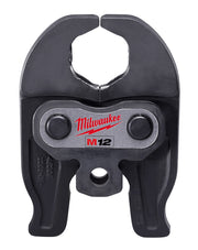 Black metal press jaw with two curved upper arms, central hexagonal opening, and Milwaukee M12 branding on lower section.