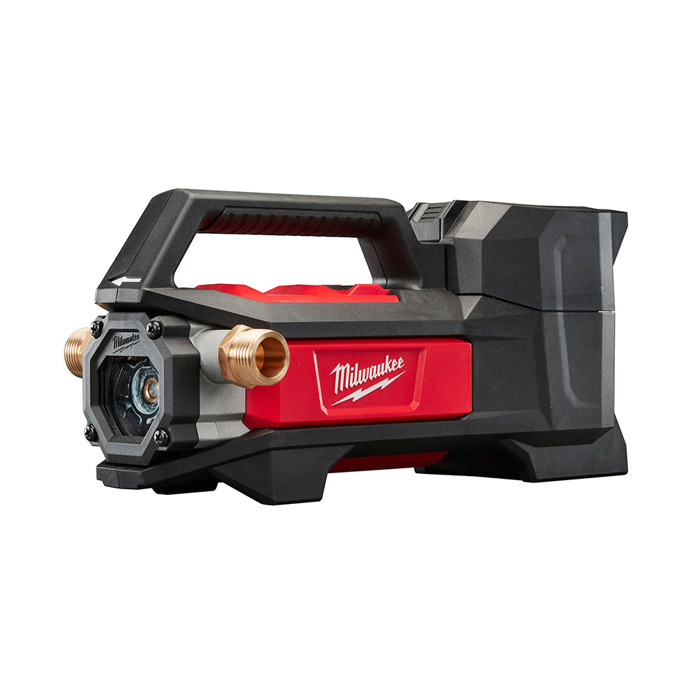 Milwaukee M18 transfer pump with red and black housing, brass inlet ports, and carry handle.