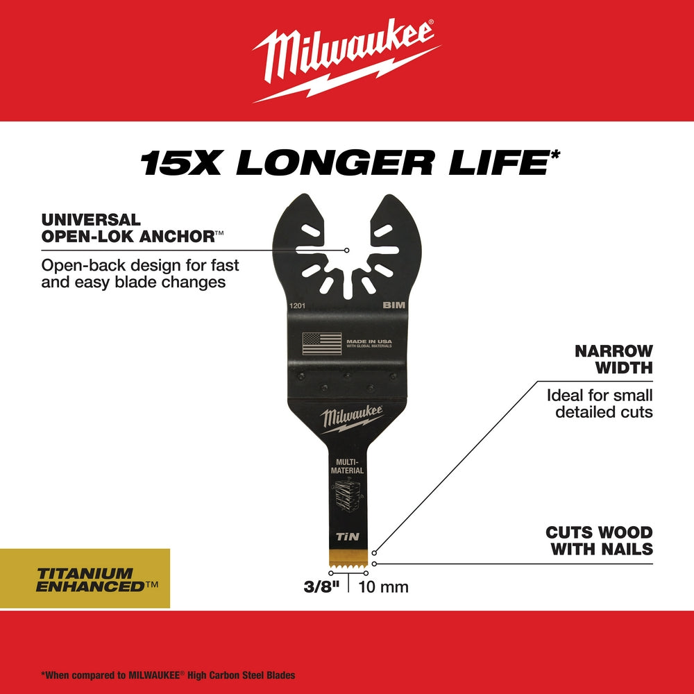 Milwaukee OPEN-LOK 3/8" titanium enhanced bi-metal multi-material saw blade with narrow width design for detailed cuts.