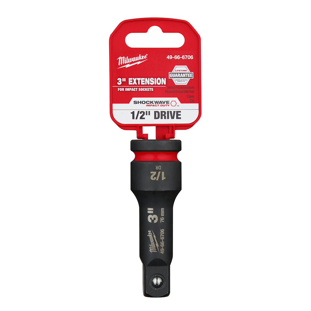 Black Milwaukee Shockwave Impact Duty 1/2" drive 3" extension with red collar and packaging.