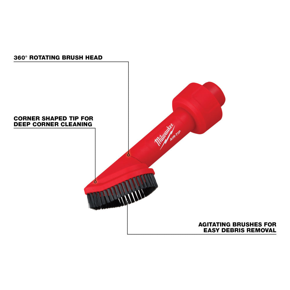 Red Milwaukee AIR-TIP rotating corner brush tool with angled bristle head and bulbous handle grip.