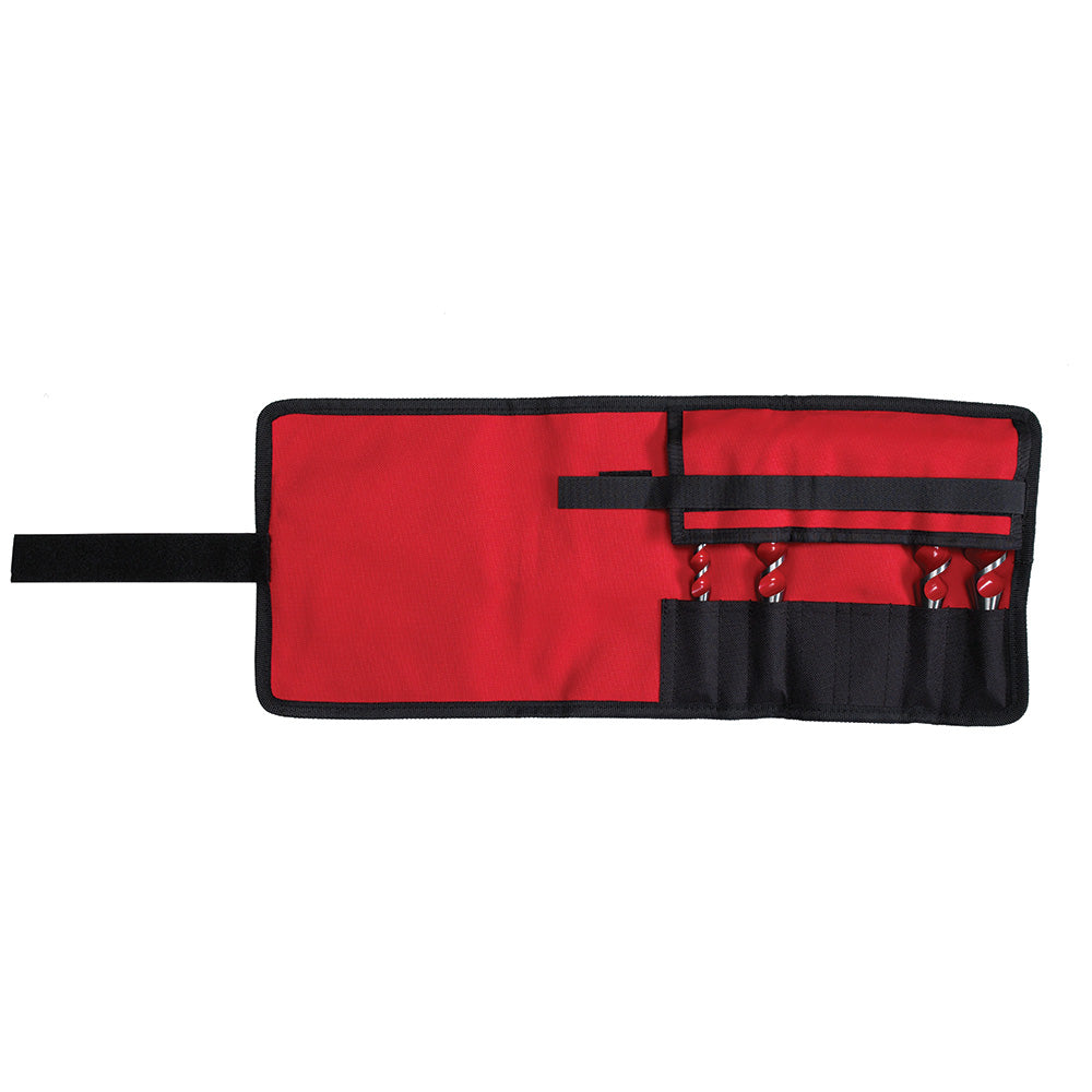 Four spur auger bits with metal shafts stored in a red and black fabric roll-up pouch.