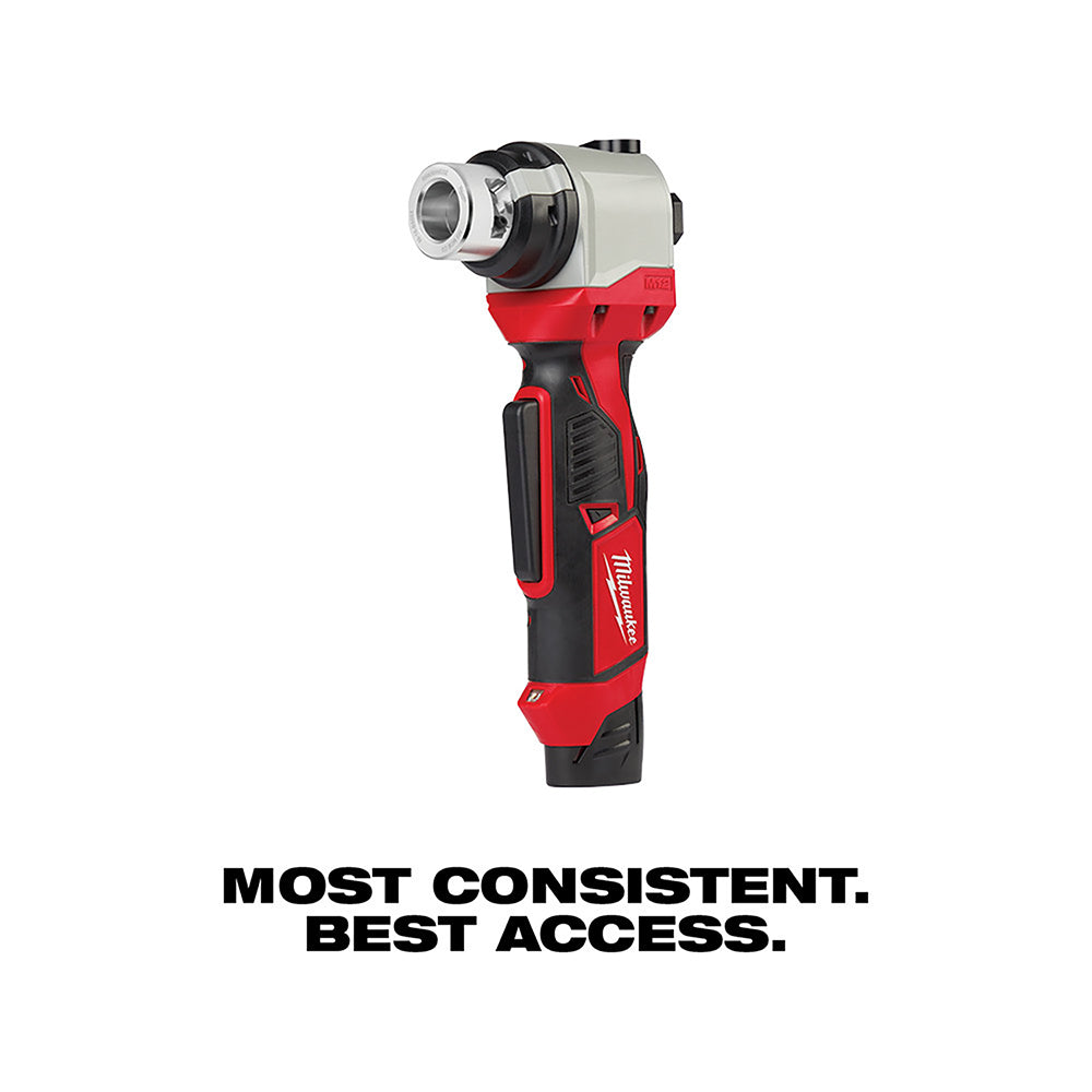 Milwaukee M12 cordless cable stripper with red and black handle and rotating stripping head attachment.