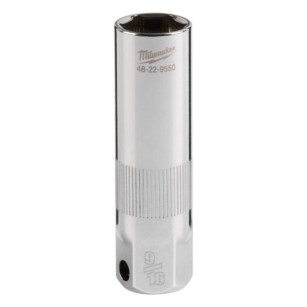 Chrome spark plug socket with 3/8" drive and 9/16" opening, featuring vertical ridges on lower section and Milwaukee branding