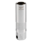 Chrome spark plug socket with 3/8" drive and 9/16" opening, featuring vertical ridges on lower section and Milwaukee branding