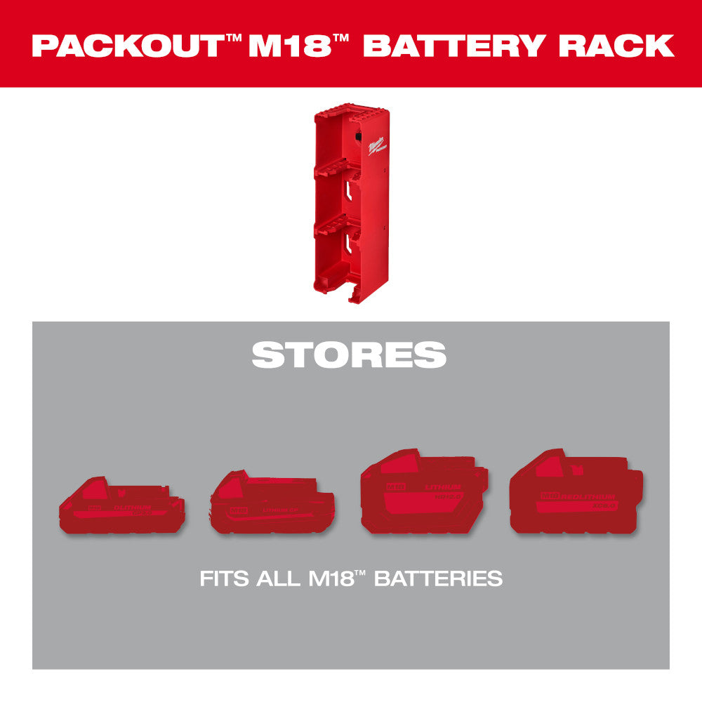 Red vertical battery storage rack with two horizontal slots and Milwaukee branding, shown with compatible M18 batteries below