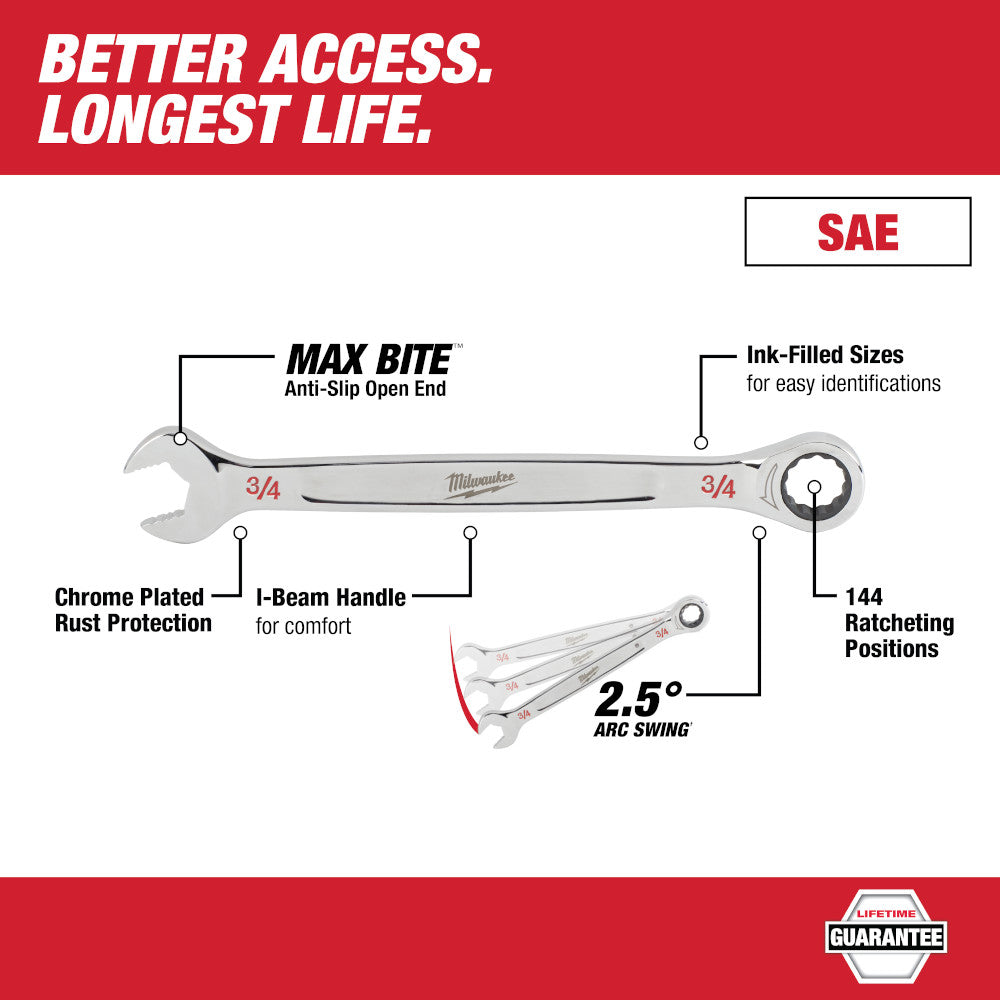 Milwaukee 1-1/4" ratcheting combination wrench with MAX BITE anti-slip open end and 144 ratcheting positions.
