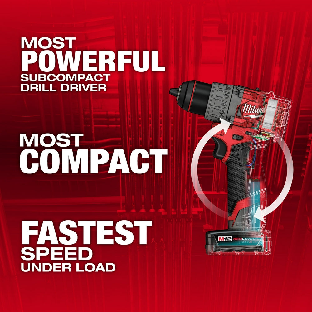 Milwaukee M12 FUEL 1/2" compact drill/driver with M12 battery shown on red background with product specifications.