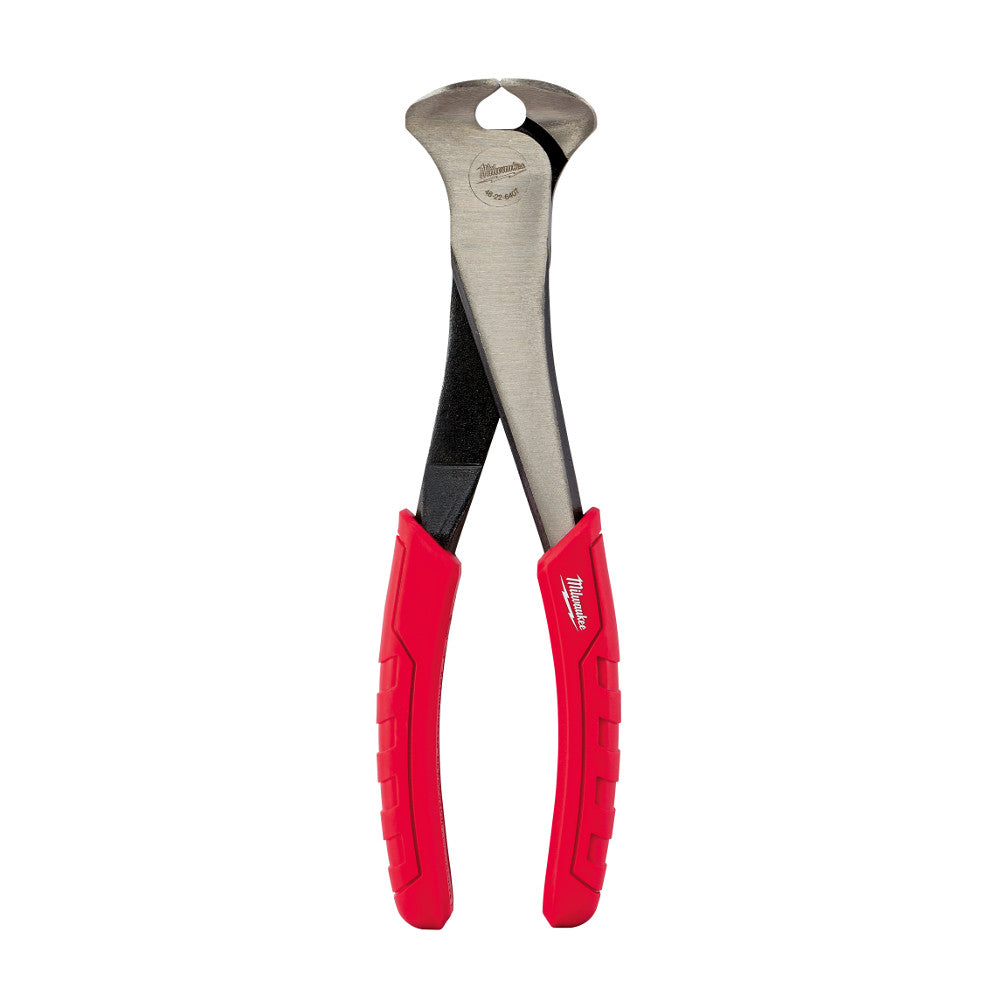 Metal nipping pliers with red handles and Milwaukee branding on the head.