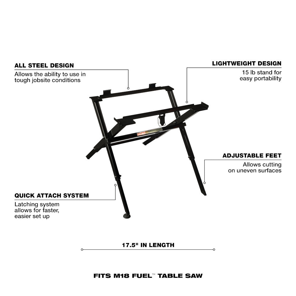 Black steel folding table saw stand with angled legs, adjustable feet, and quick-attach latching system.