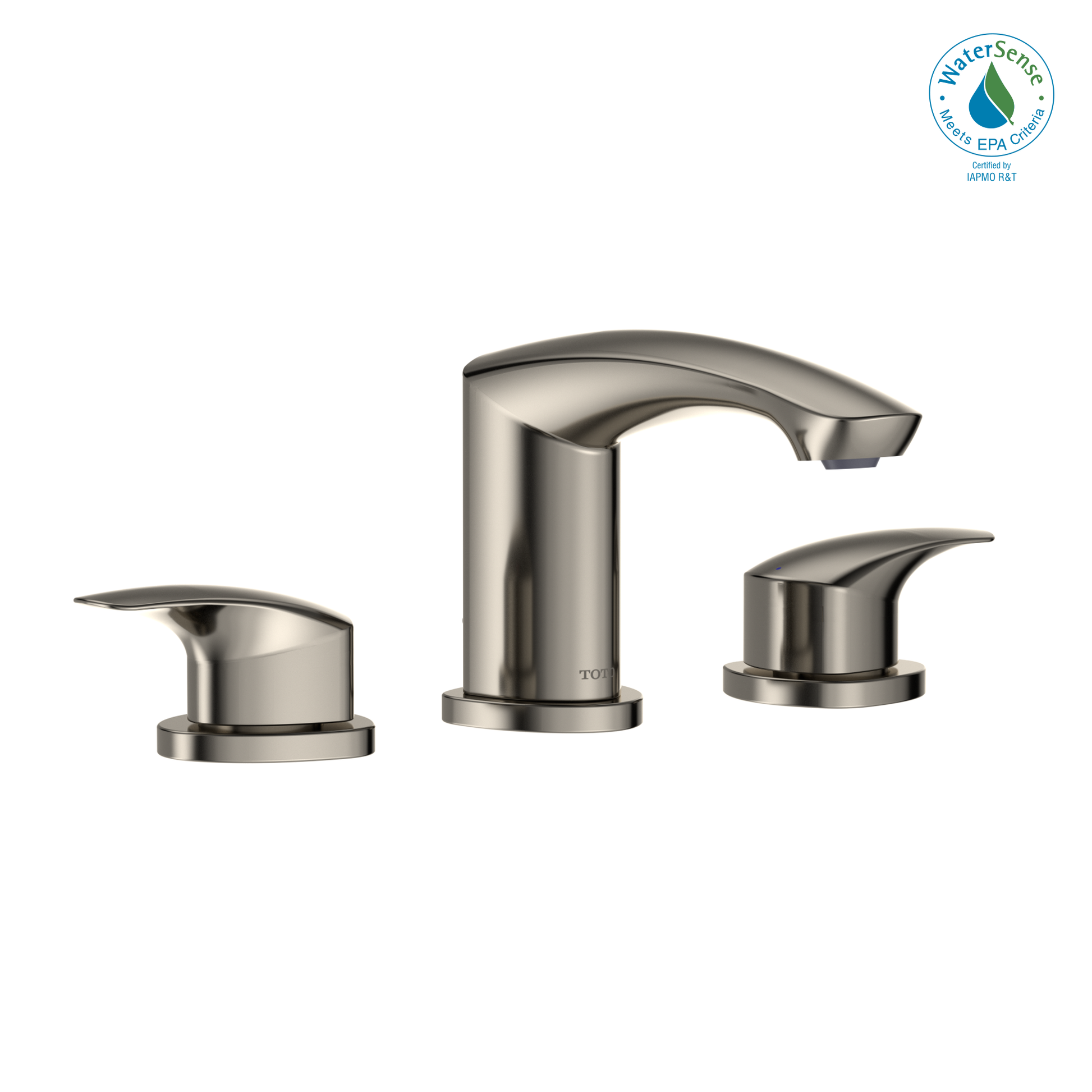 Polished nickel two-handle widespread bathroom sink faucet with curved spout and lever handles.